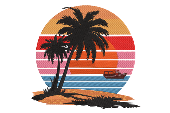 Tropical Sunset Palms Boat: Elevating Embroidery with Coastal Charm